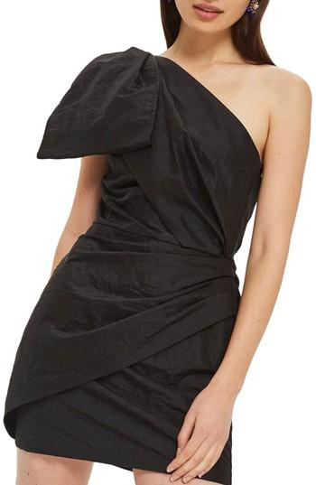 Women's Topshop Taffeta Bow One-shoulder Dress Us (fits Like 0-2) - Black