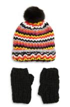 Women's Trouve Chunky Stitch Beanie With Faux Fur Pom & Fingerless Gloves Gift Set - Black