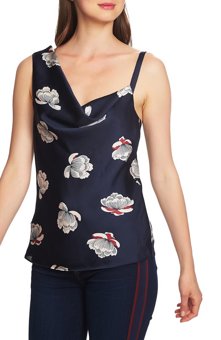 Women's 1.state Floating Blossoms Asymmetrical Neck Satin Camisole - Blue