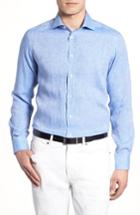 Men's Luciano Barbera Trim Fit Solid Linen Dress Shirt - Blue