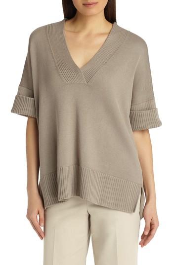 Women's Lafayette 148 New York Relaxed V-neck Cotton & Silk Sweater, Size - Brown