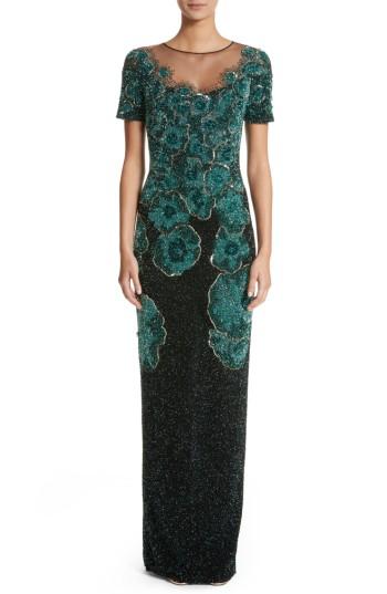Women's Pamella Roland Floral Sequin Column Gown - Green