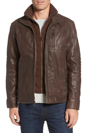 Men's Cole Haan Washed Leather Moto Jacket With Knit Bib - Brown