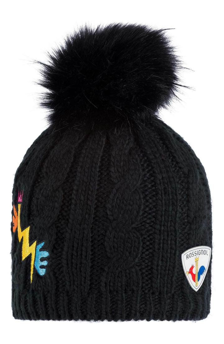 Women's Rossignol Yurock Faux Fur Pom Cable Knit Ski Beanie - Black