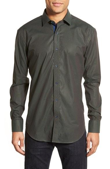 Men's Bugatchi Shaped Fit Check Sport Shirt - Green