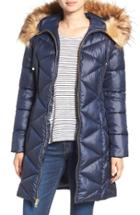 Women's Guess Quilted Puffer Coat With Faux Fur Trim - Blue
