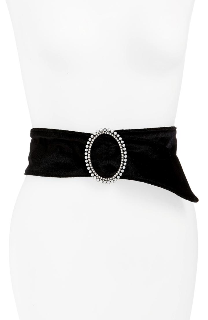 Women's Nordstrom Velvet Belt With Imitation Pearl & Crystal Buckle /small - Black