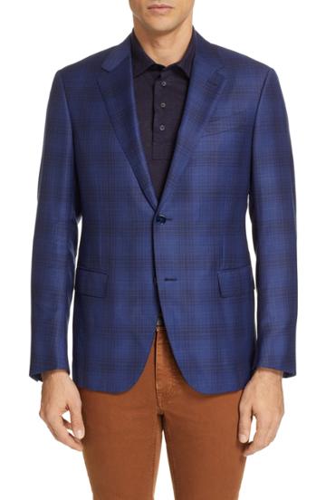 Men's Ermenegildo Zegna Achillfarm Trim Fit Plaid Wool & Silk Sport Coat Us / 50 Eu S - Blue