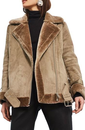 Women's Topshop Faux Shearling Biker Jacket Us (fits Like 0) - Brown