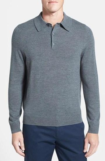 Nordstrom Merino Wool Polo Sweater Medium Grey Super Melange