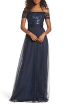 Women's Amsale Ireland Embellished Off The Shoulder Gown - Blue