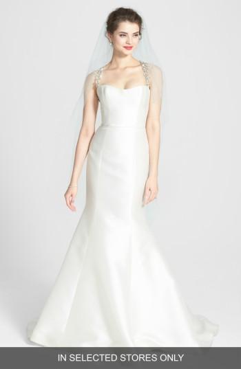 Women's Amsale 'lenox' Beaded Illusion Strap Silk Blend Trumpet Dress, Size - Ivory