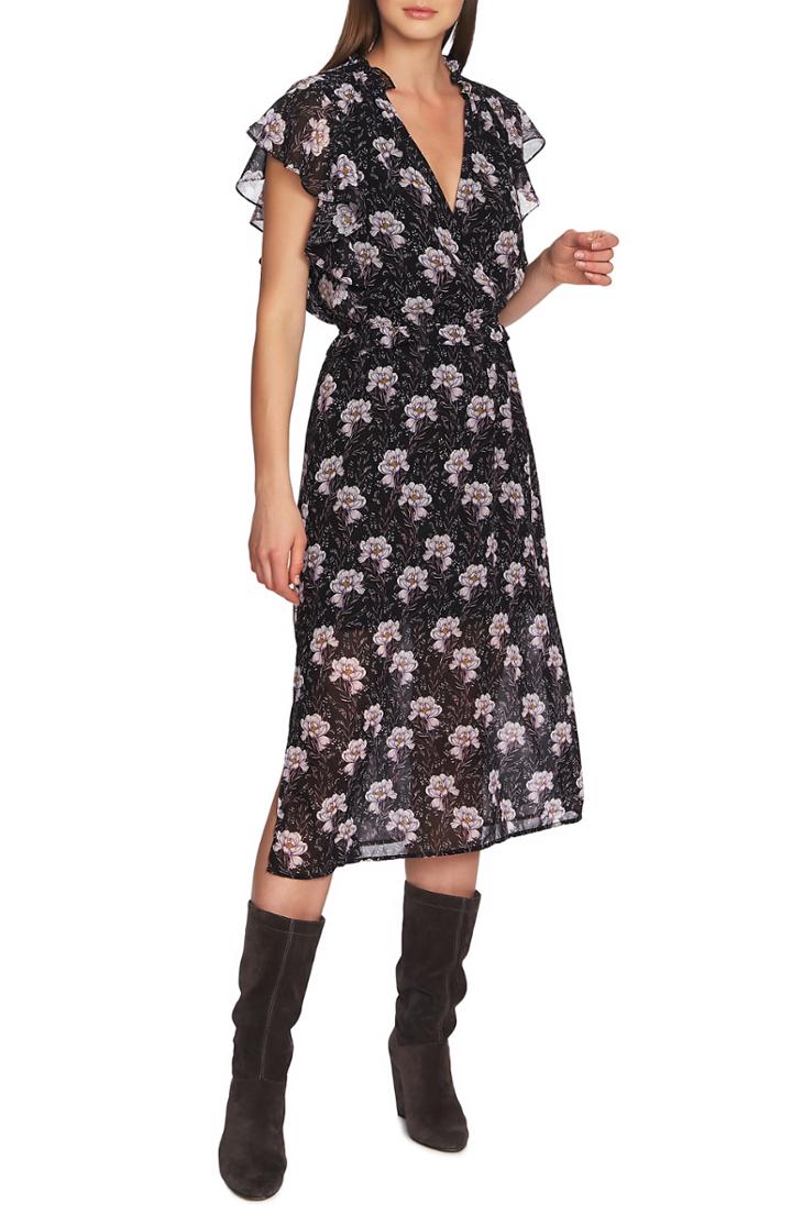 Women's 1.state Bloomsbury Floral Ruffle Sleeve Midi Dress, Size - Black