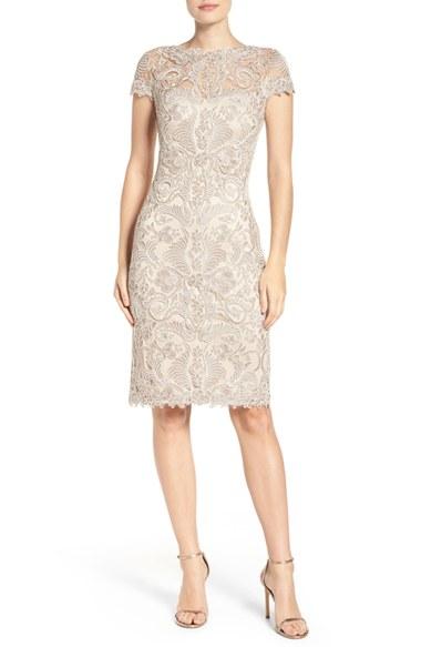 Women's Tadashi Shoji Illusion Yoke Lace Sheath Dress - Beige