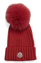 Women's Moncler Genuine Fox Fur Pom Wool Beanie - Red