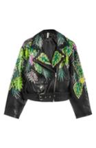 Women's Topshop Jungle Embellished Leather Moto Jacket Us (fits Like 0) - Black