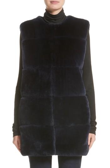 Women's St. John Collection Leather Trim Genuine Rex Rabbit Fur Vest - Blue