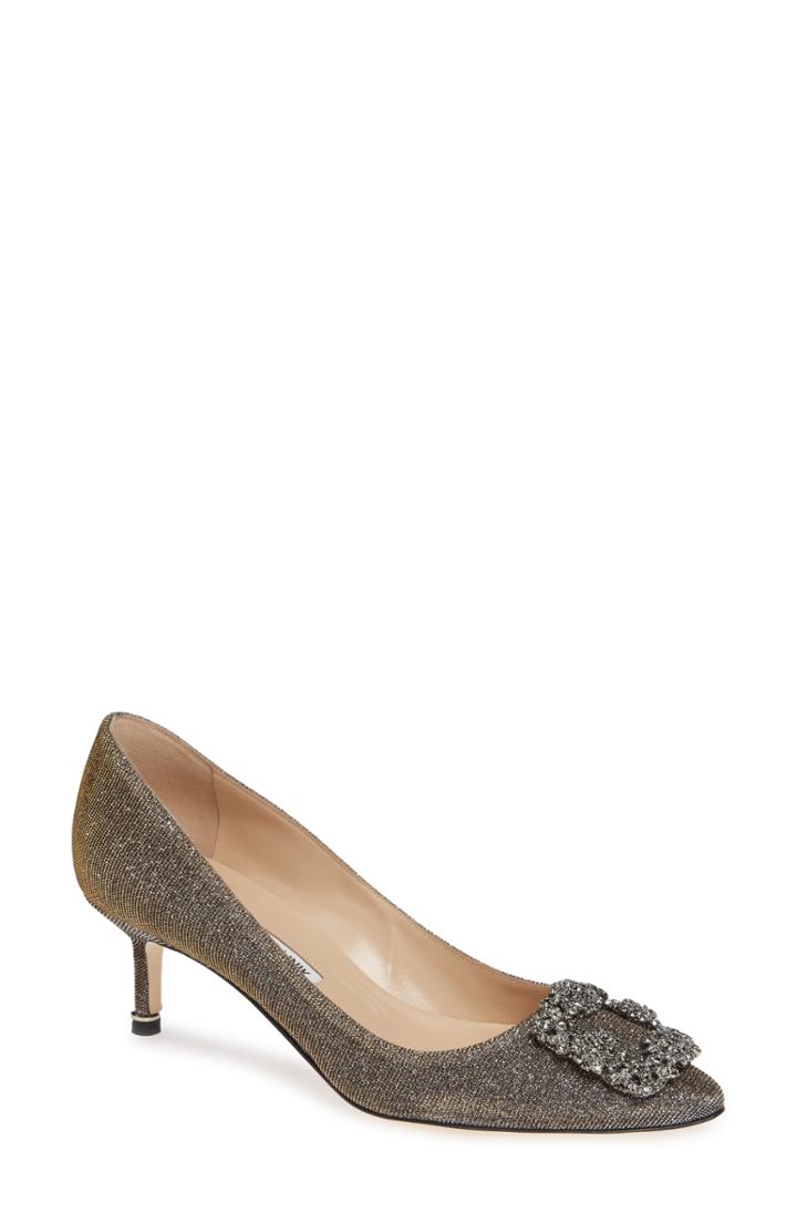 Women's Manolo Blahnik Hangisi Crystal Embellished Pump Us / 39eu - Metallic