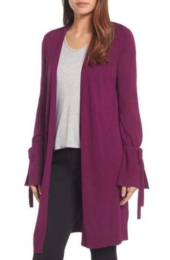 Petite Women's Halogen Lightweight Tie Sleeve Cardigan, Size P - Purple