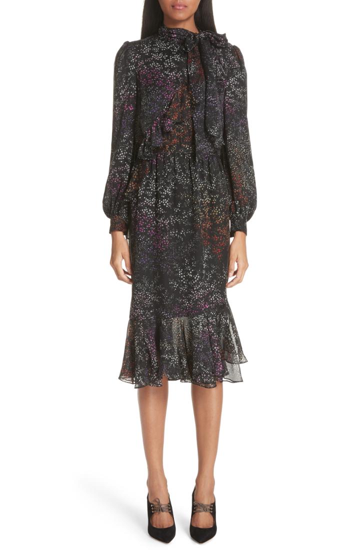 Women's Co Floral Print Ruffle Trim Silk Dress