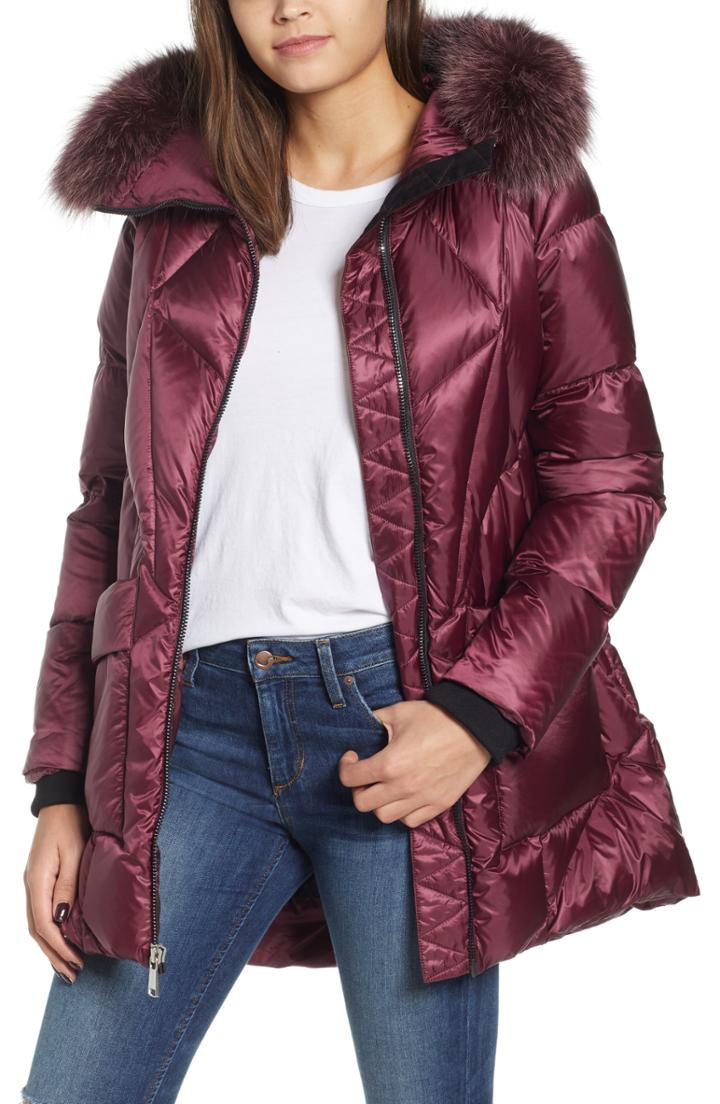 Women's Andrew Marc Genuine Fox Fur Trim Quilted Down Coat - Burgundy