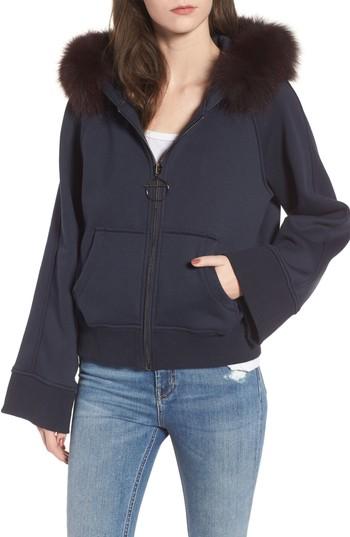 Women's Bagatelle The Luxe Hooded Jacket With Genuine Fox Fur Trim - Blue