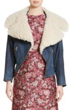 Women's Adam Lippes Stretch Denim Moto Jacket With Removable Genuine Lamb Fur Collar - Blue