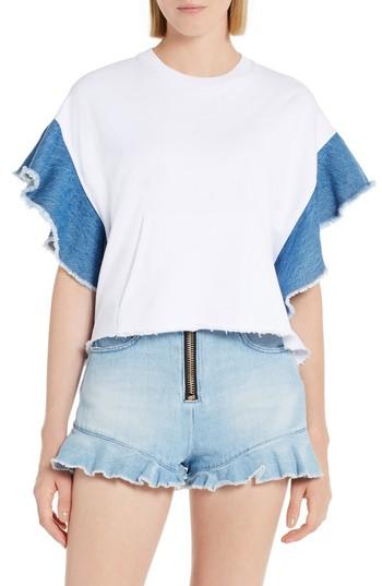 Women's Msgm Denim Flutter Sleeve Cotton Top - White