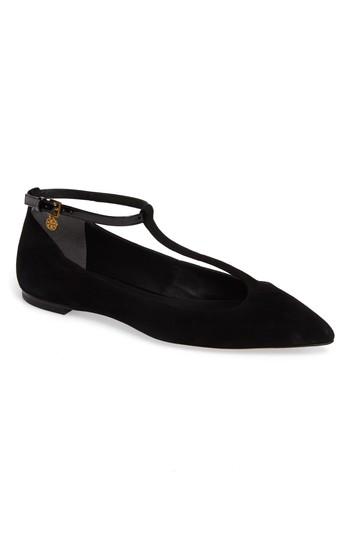 Women's Tory Burch Ashton T-strap Flat M - Black