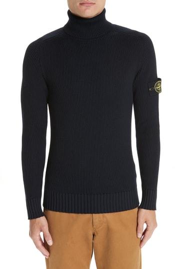 Men's Stone Island Ribbed Wool Turtleneck Sweater, Size - Blue