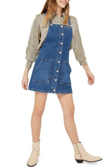 Women's Topshop Button Through Denim Pinafore Us (fits Like 0) - Blue