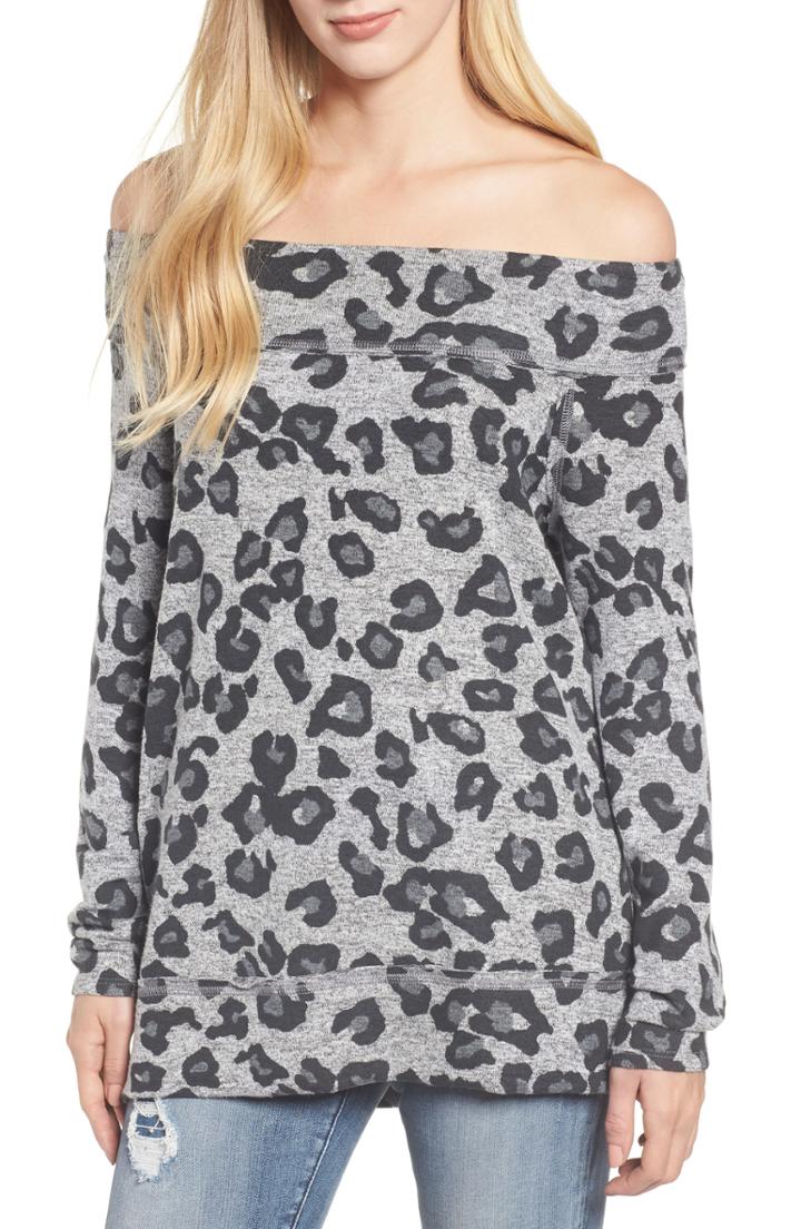 Petite Women's Gibson X Living In Yellow Mary Fleece Off The Shoulder Top, Size P - Grey