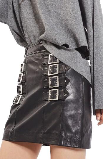 Women's Topshop Buckle Detail Leather Miniskirt