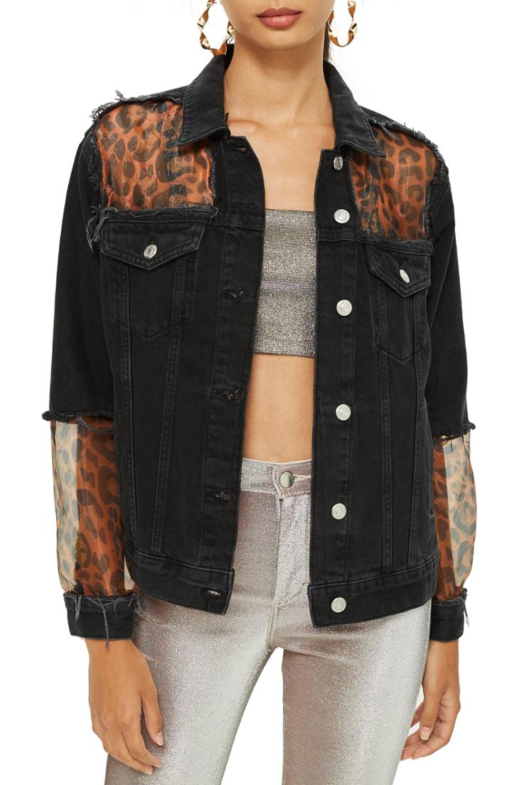 Women's Topshop Leopard Print Organza Denim Jacket Us (fits Like 2-4) - Black
