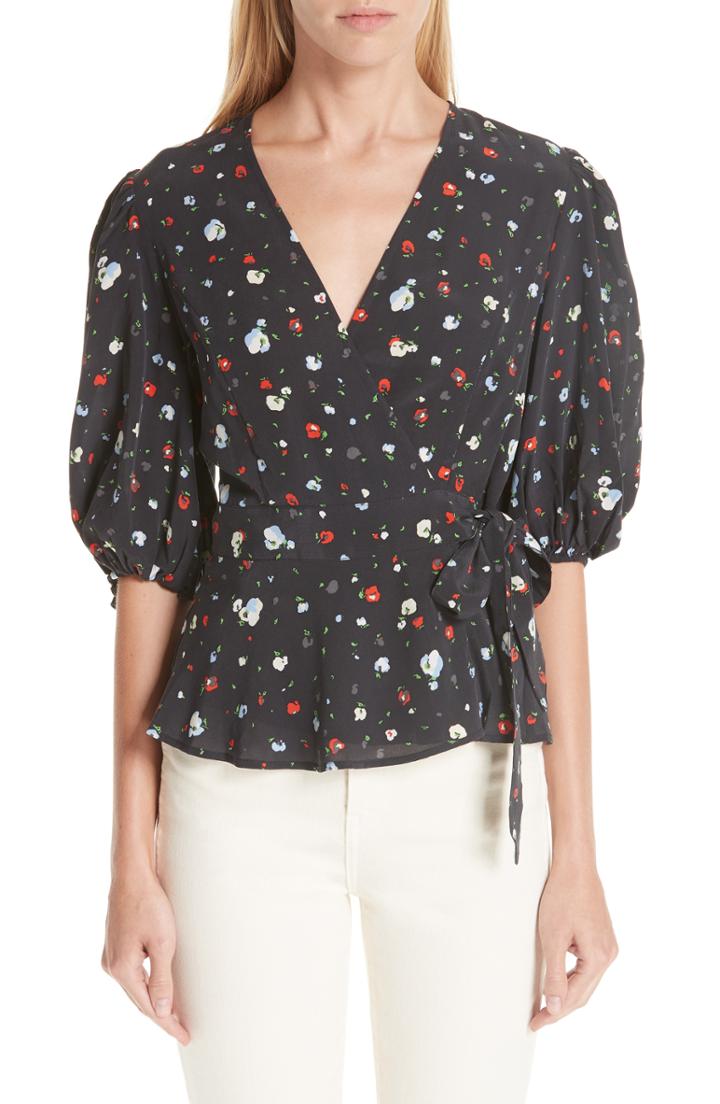 Women's Ganni Floral Silk Wrap Top Us / 36 Eu - Black