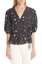 Women's Ganni Floral Silk Wrap Top Us / 36 Eu - Black
