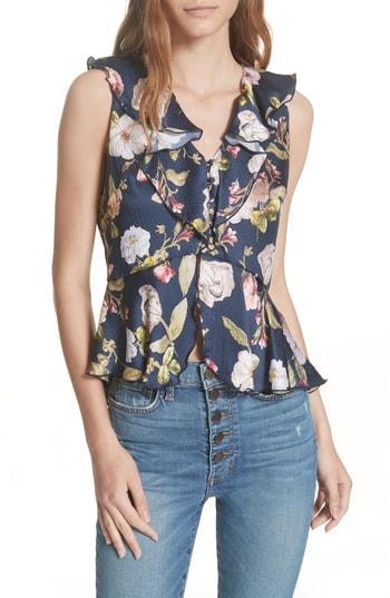 Women's Alice + Olivia Nora Floral Ruffle Silk Blouse - Blue