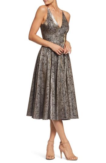 Women's Dress The Population Delilah Plunging Jacquard Fit & Flare Midi Dress, Size - Black