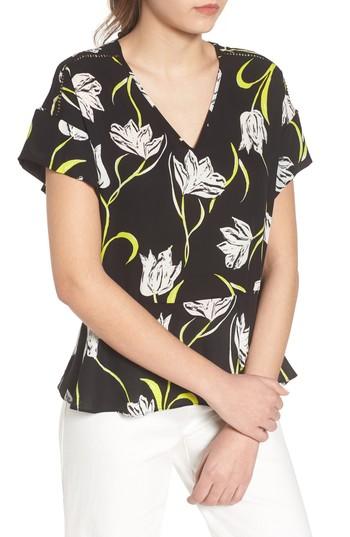 Women's Halogen Ruffle Sleeve Peplum Stretch Cotton Blend Top - Black