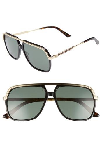 Men's Gucci 57mm Aviator Sunglasses - Black/ Endura Gold