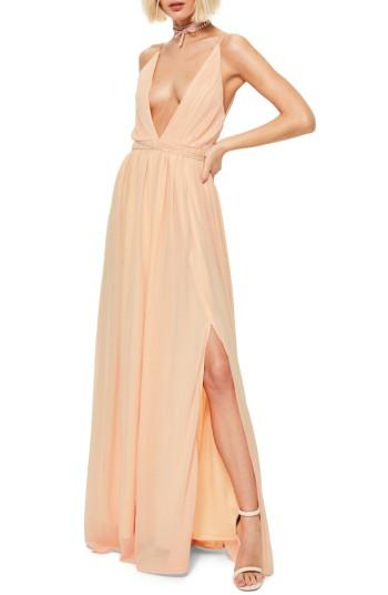 Women's Missguided Plunging Neck Maxi Dress Us / 6 Uk - Beige