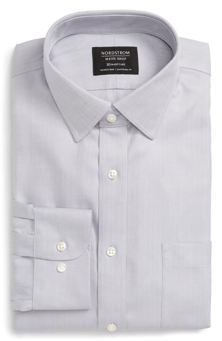 Men's Nordstrom Men's Shop Smartcare(tm) Traditional Fit Herringbone Dress Shirt - 32/33 - Grey