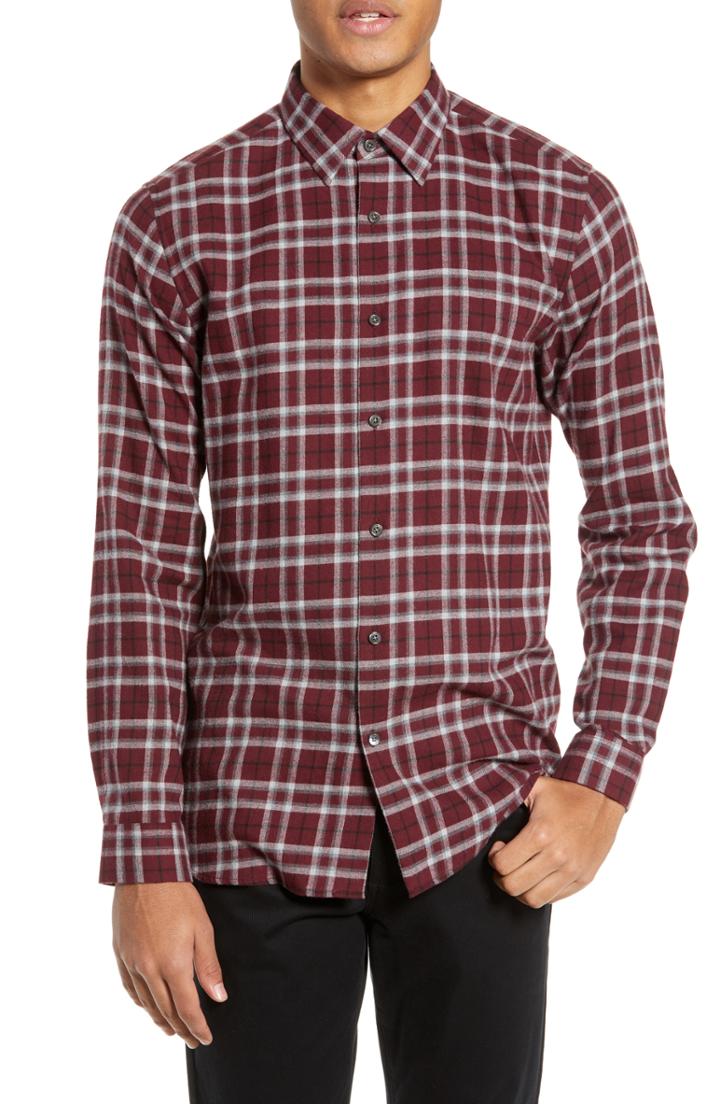 Men's Theory Menlo Standard Fit Plaid Sport Shirt, Size - Burgundy