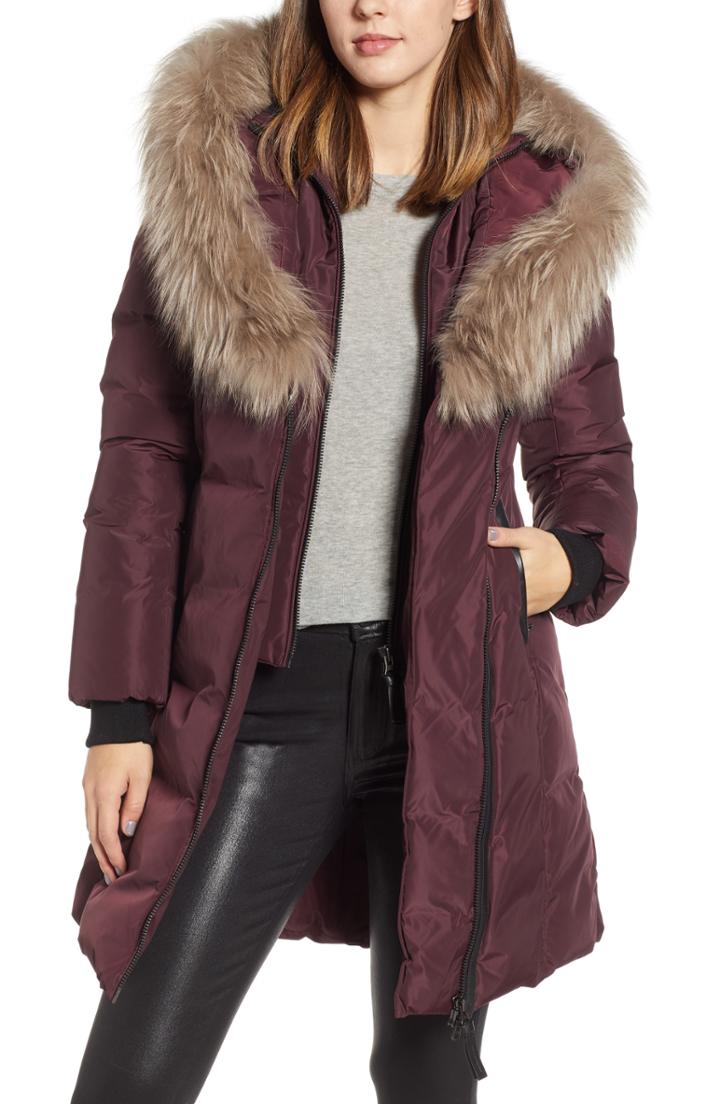 Women's Mackage 800 Fill Power Down Coat With Genuine Fox Fur Trim, Size - Burgundy