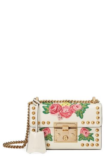 Gucci Small Padlock Embroidered Leather Shoulder Bag - White