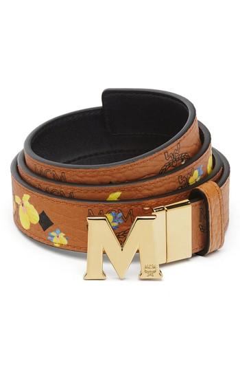 Women's Mcm Essential Floral Flat M Logo Buckle Reversible Belt, Size - Cognac/ Black