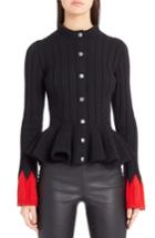 Women's Alexander Mcqueen Contrast Cuff Rib Knit Peplum Cardigan - Black
