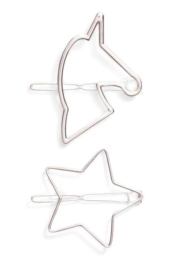 Berry Set Of 2 Star & Unicorn Hair Clips, Size - Metallic