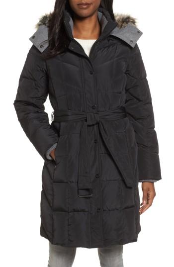 Women's London Fog Down Coat With Faux Fur Trim - Black