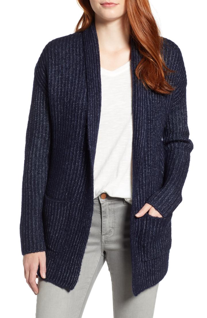 Women's Caslon Fluffy Ribbed Long Sleeve Cardigan - Grey